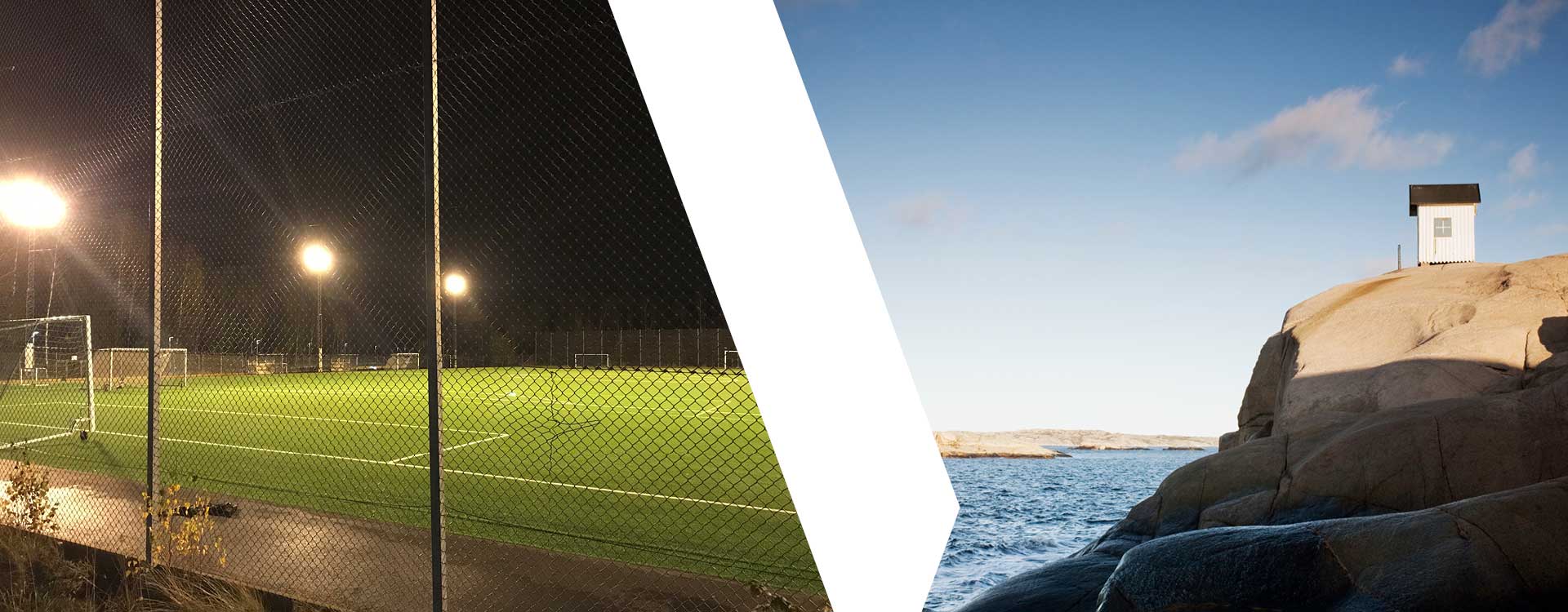 Fotbollsplan som uppsamlingsplats för vatten och en stuga högt ovanför havet.