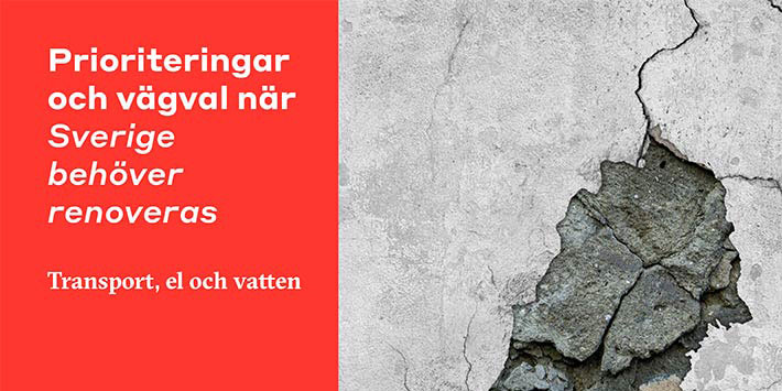 Trasig asfalt och röd ruta med texten "Prioriteringar och vägval när Sverige behöver renoveras. Transport, el och vatten."