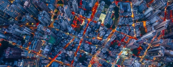 Aerial view of a cityscape at night