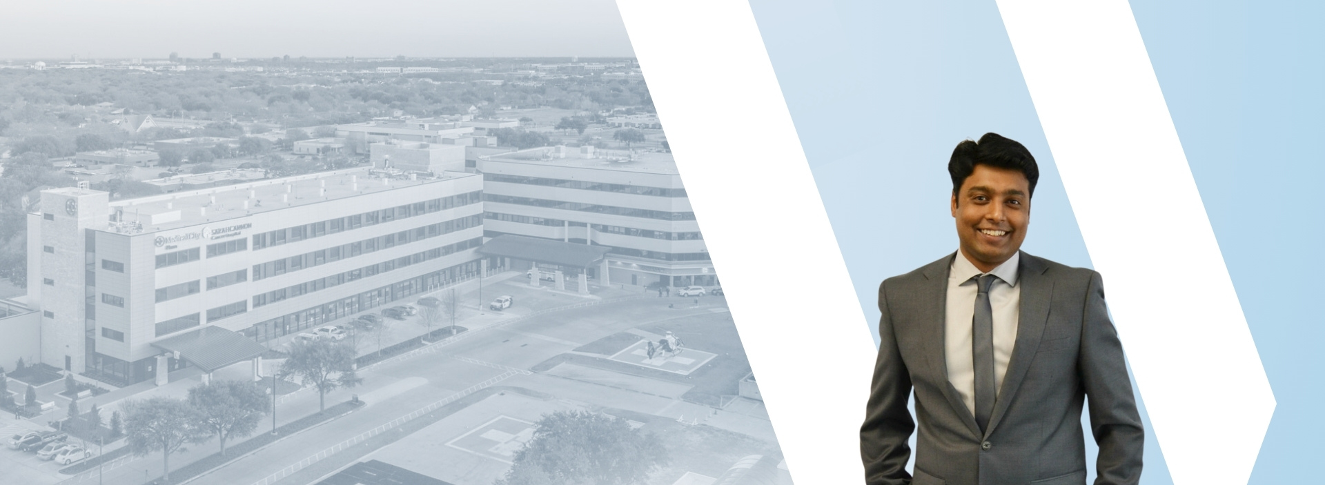 Amit Bhansali headshot with Sarah Cannon Cancer Center hospital in background