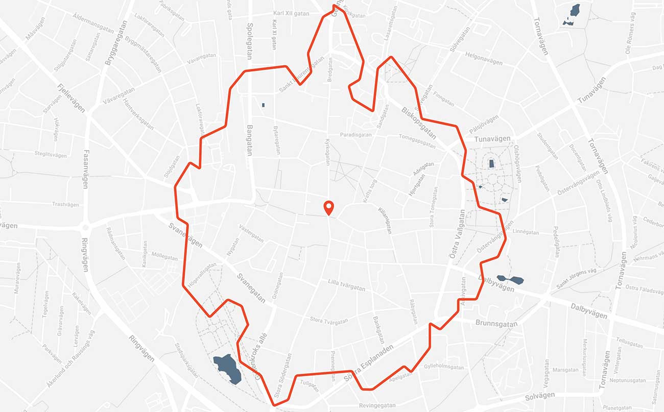 Karta där stadskärnan är markerad