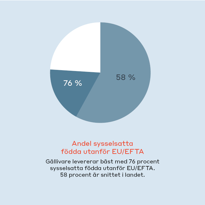Andel sysselsatta födda utanför EU/EFTA: Gällivare levererar bäst med 76 procent sysselsatta (58 % är snittet i landet).