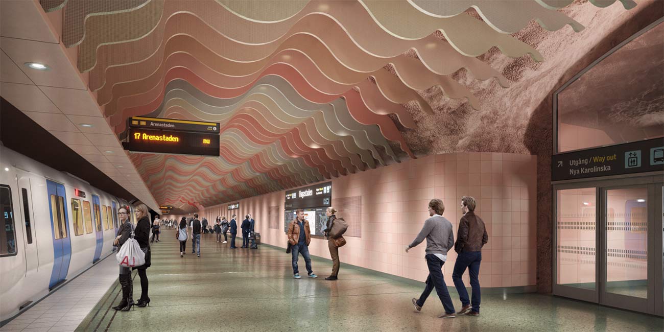Tunnelbanetåg står vid plattform Hagastaden.