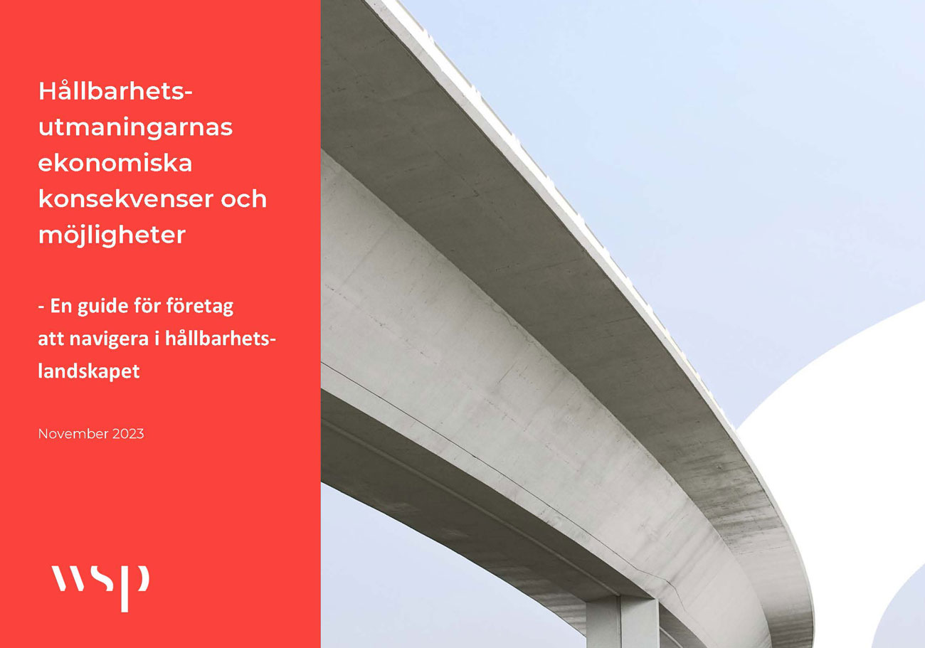Framsida av pdf-rapport med texten "Hållbarhetsutmaningarnas ekonomiska konsekvenser och möjligheter. En guide för företag att navigera i hållbarhetslandskapet"