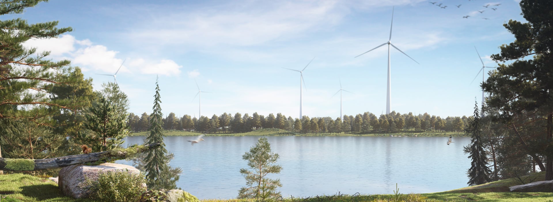 Visualisering av en vindkraftspark vid en sjö.