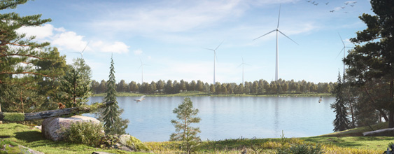 Visualisering av en vindkraftspark vid en sjö.