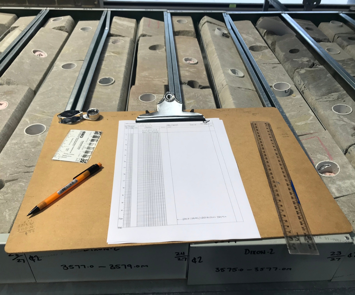 Geological analysis of rock cores from beneath the sea to assess suitability for storing CO2