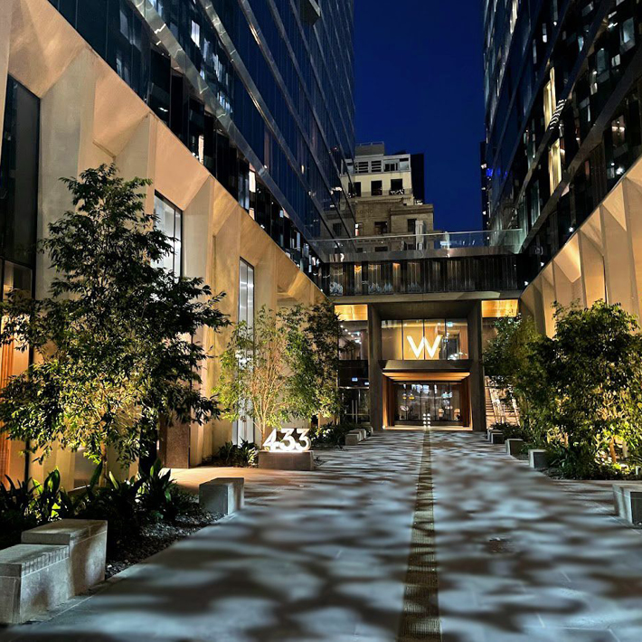 The entrance to the W Hotel with lighting designed to look like the dappling effect cast by light falling through leaves