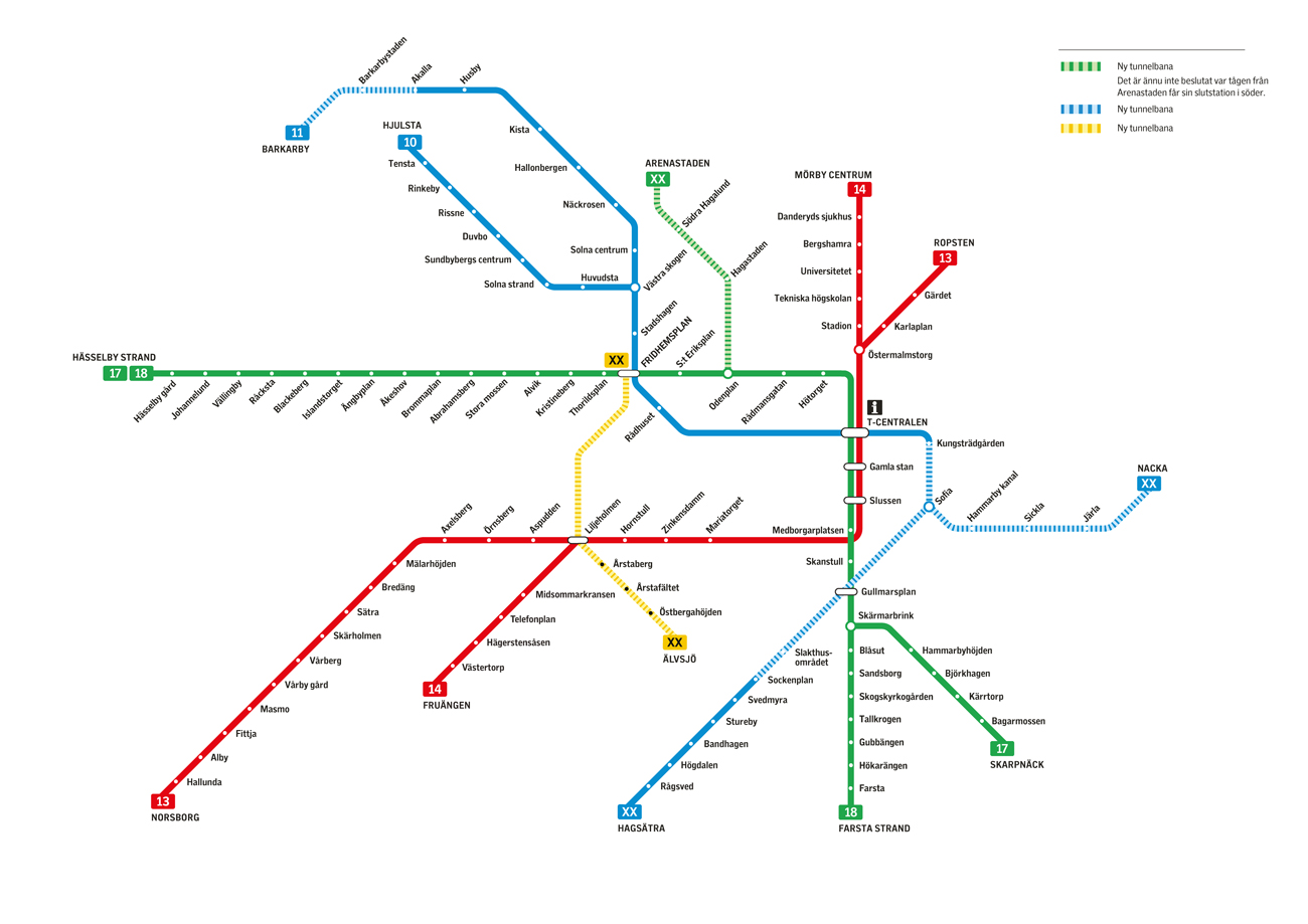 Linjekarta över Stockholms gula tunnelbanelinje.