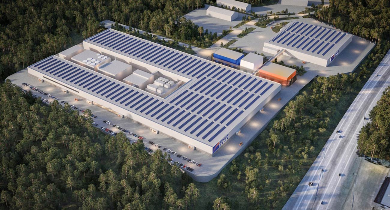 Visionsbild över industribyggnaden som batterikomponentföretaget planerar att bygga. 