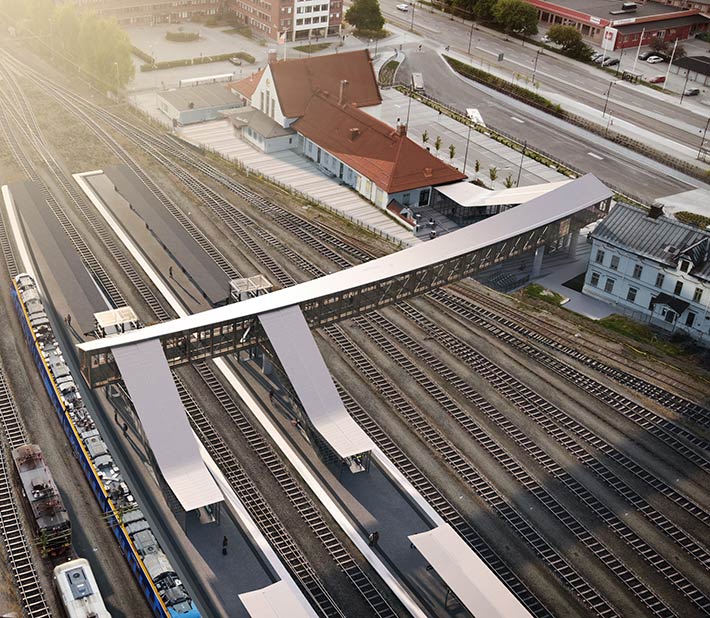 Visionsbild för ny gångbro på Sundsvalls centralstation.