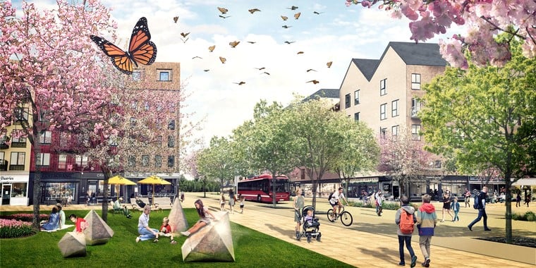 Livfull stadsmiljö med grönytor - vision för Övre Bryggårdsgärdet i Norrtälje. 