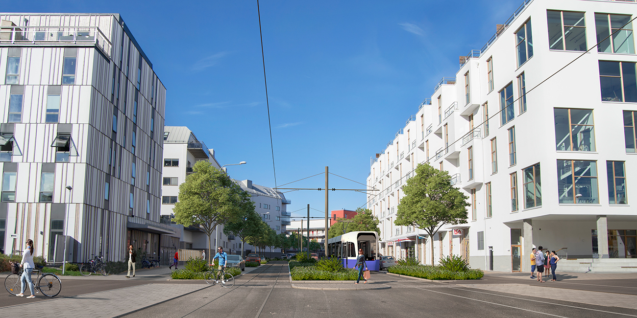 Visionsbild för Torgny Segerstedt Allé i södra Rosendal - en levande stadsmiljö med grönska och spårvagn.
