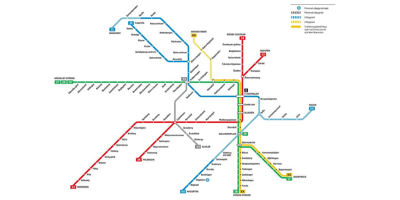 Tunnelbanesträckning - både befintlig, utbyggnad och planerad utbyggnad.
