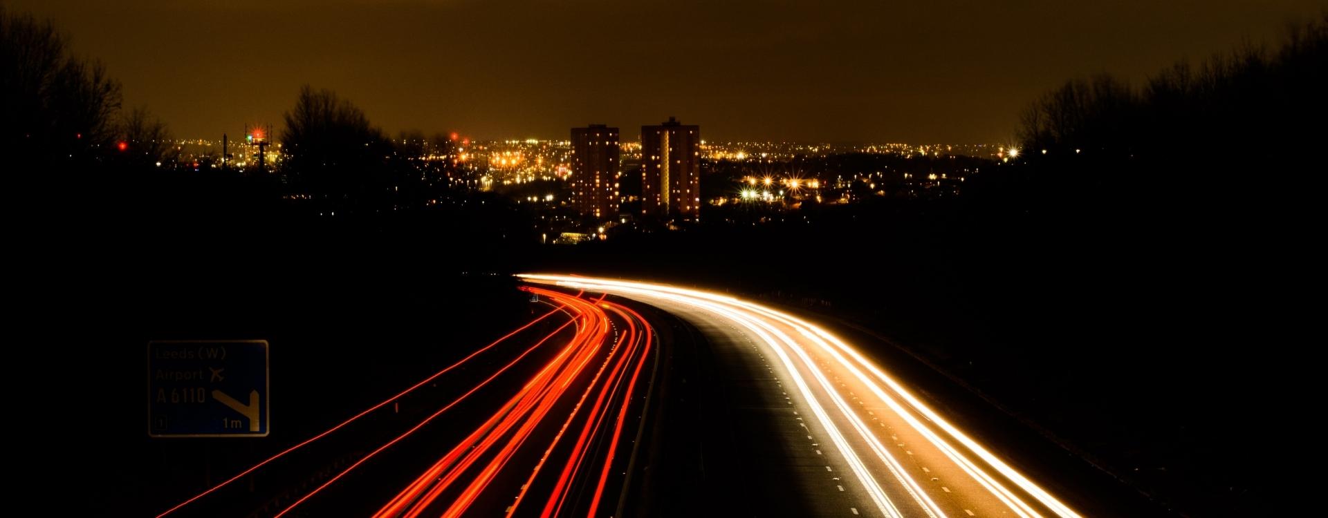 Time lapse photo of motorway in Leeds at night