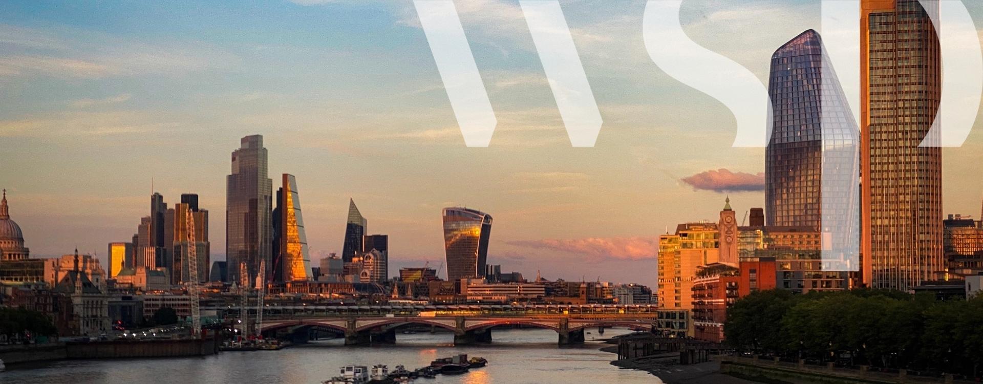 early evening, light London skyline with view of numerous skyscrapers