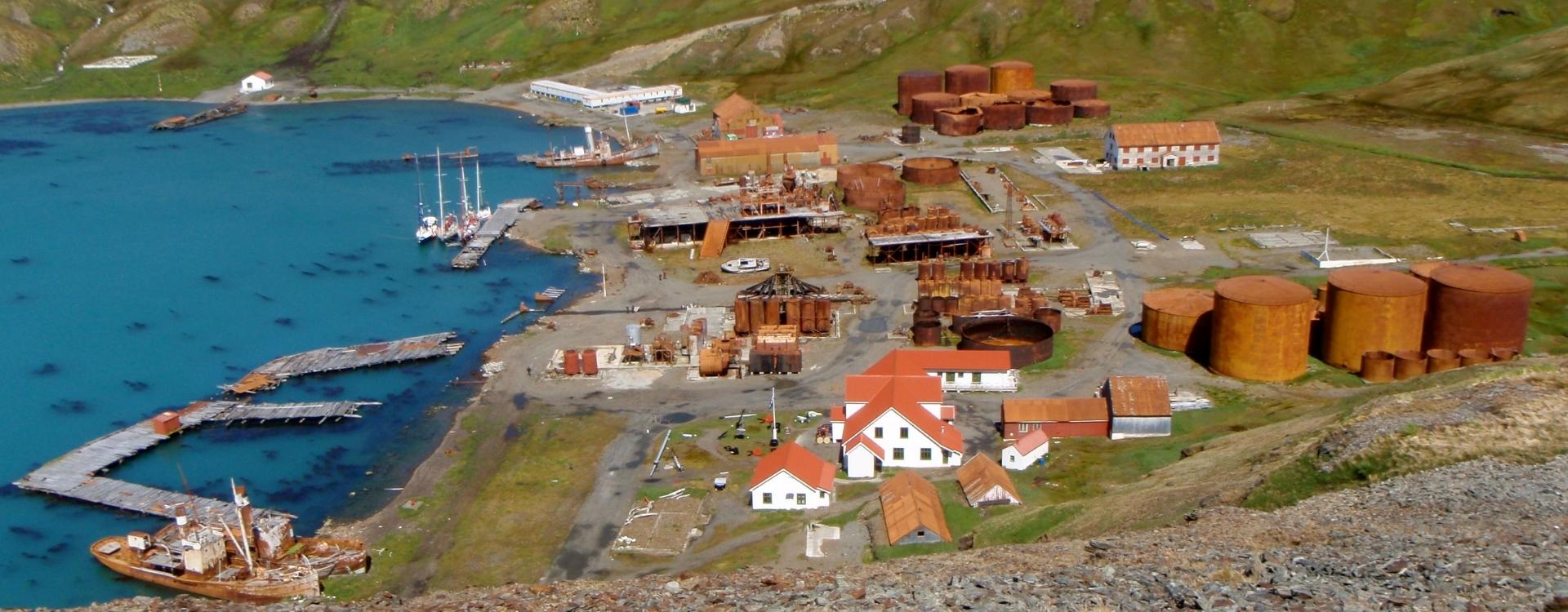 Landscape image of Grytviken, former whaling station on the island of South Georgia