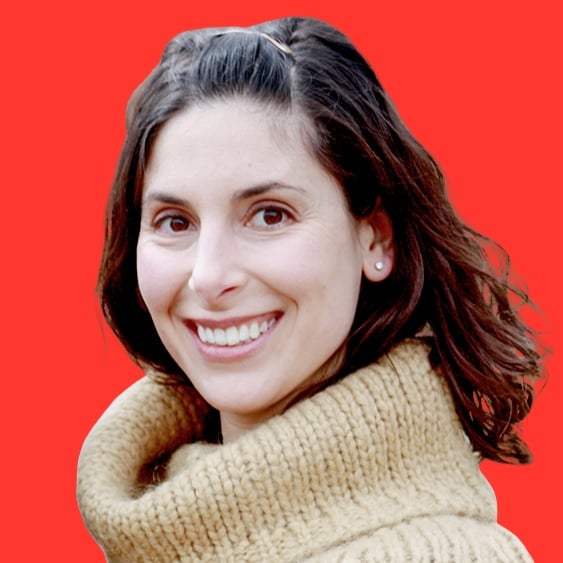 Professional headshot of a person against a red background