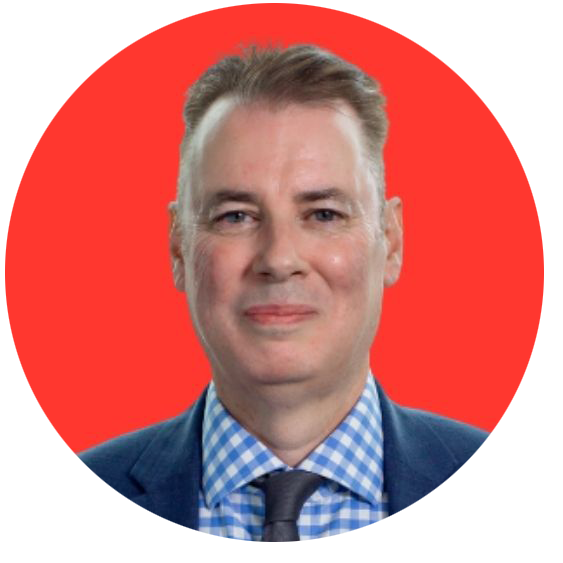 circular photo of Rob Dent with a red background
