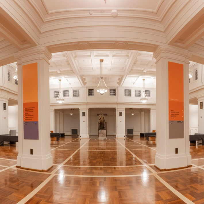 WSP's lighting design team refurbished Kings Hall's original 1920’s plaster pendant lights with high-quality, colour changing LED light sources.