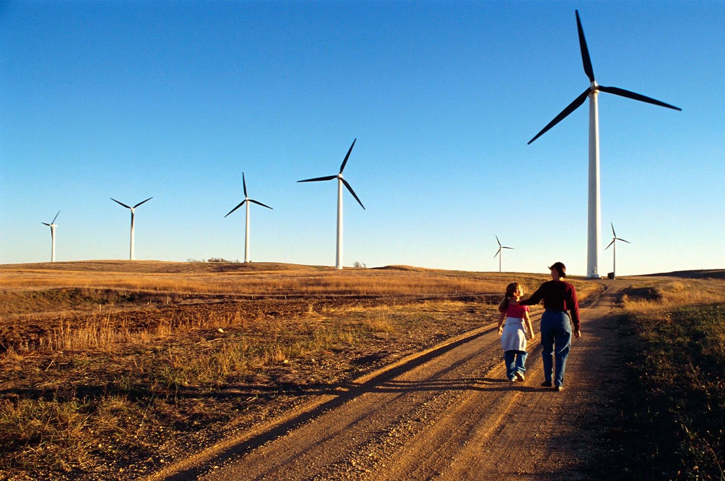 A few wind turbines in a row, with two people walking towards it on a sunny day