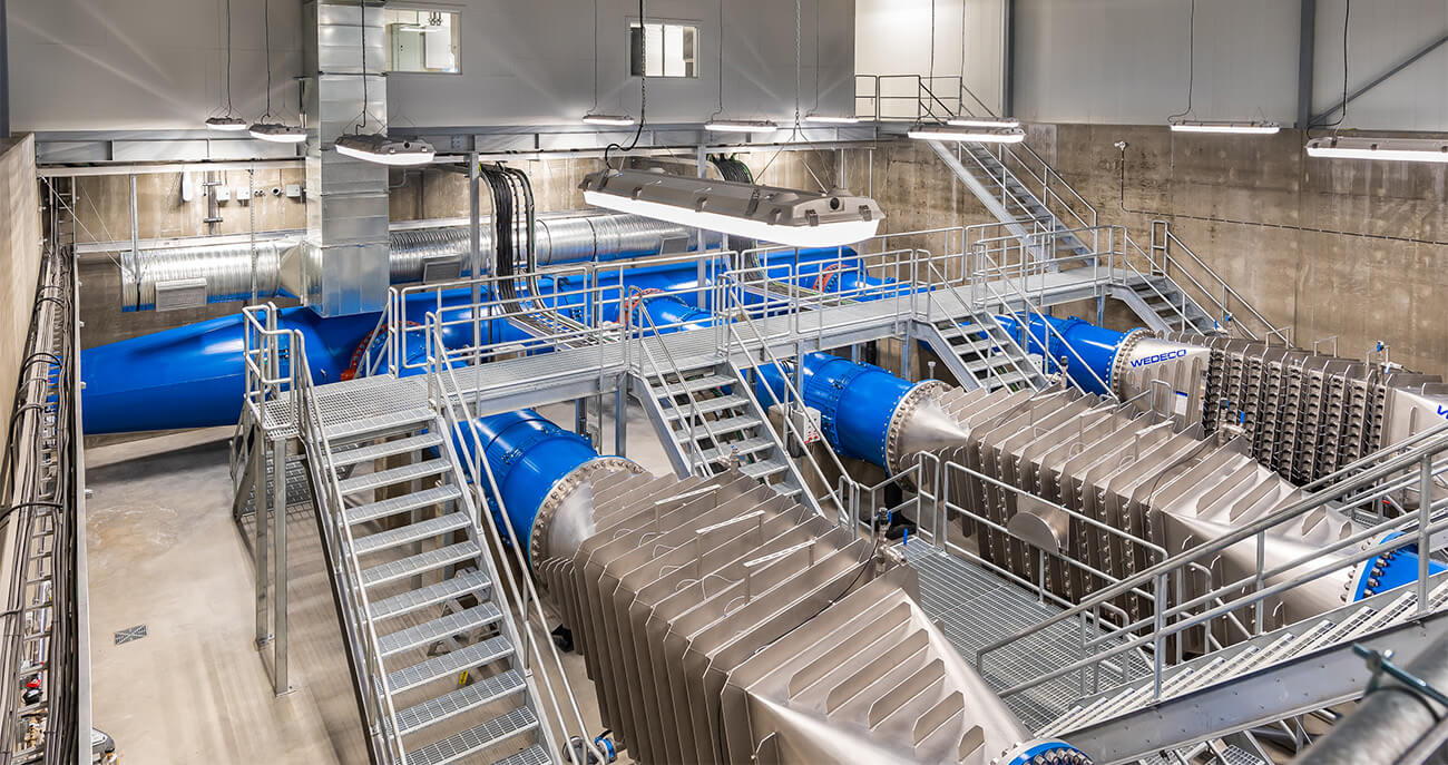 img-View of 1800mm header pipe and UV reactor trains from inside the UV facility