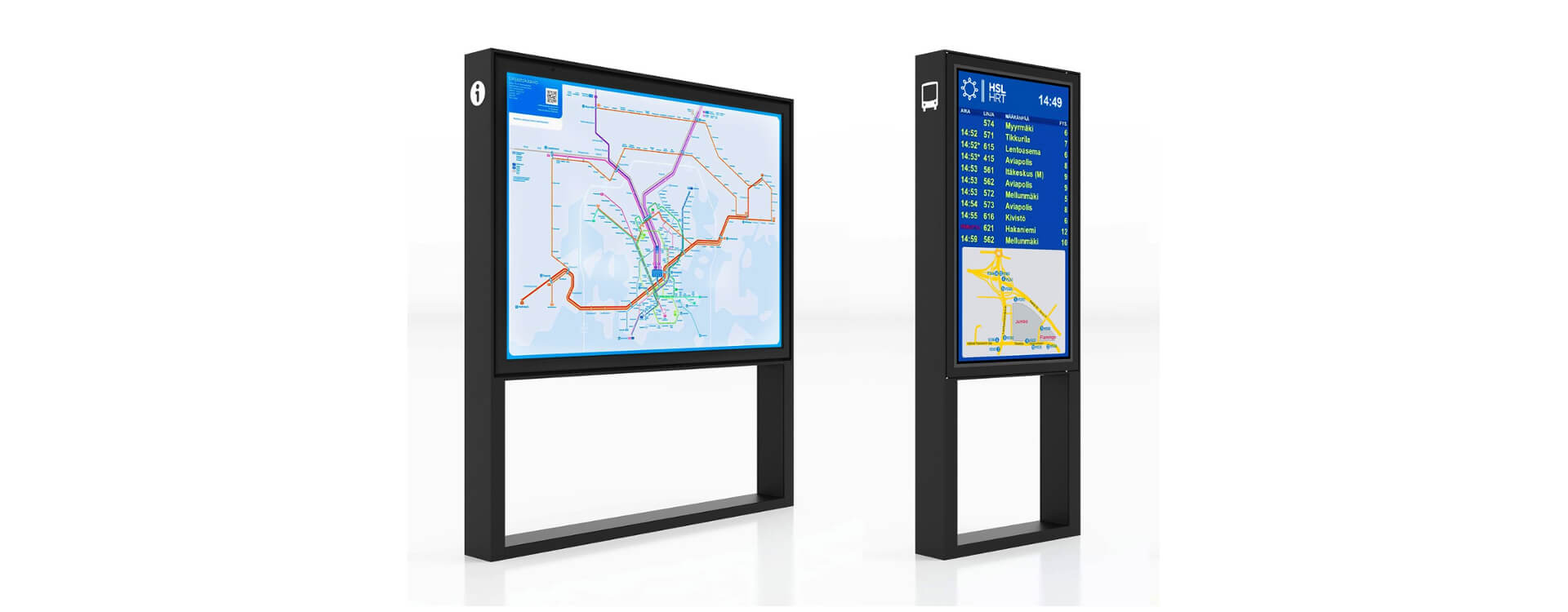 Havainnekuva Matinkylän metrokeskukselle suunnitelluista infotelineistä.