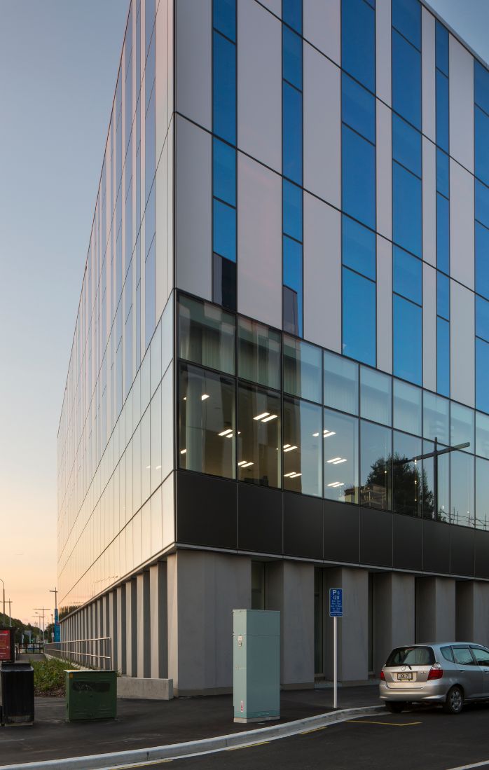 The glass exterior of the Christchurch Outpatients Hospital. 