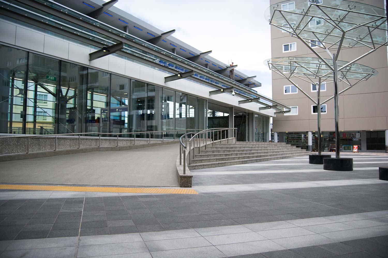 The courtyard of Newmarket Train Station with newly added abstract artwork