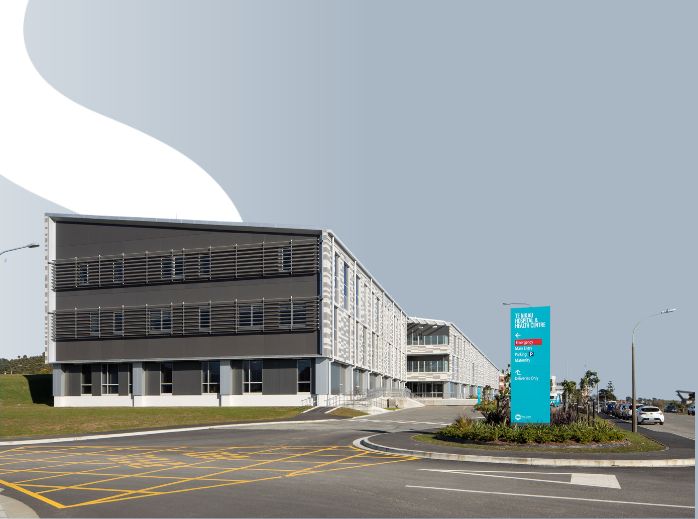 Te Nkau Grey Hospital and Health Centre exterior with WSP Logo
