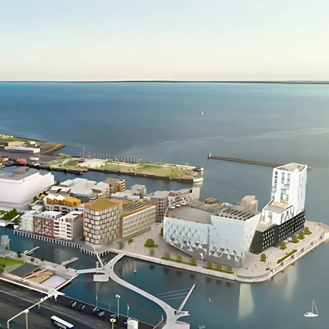 Illustration av första byggnadsetappen i Oceanhamnen.