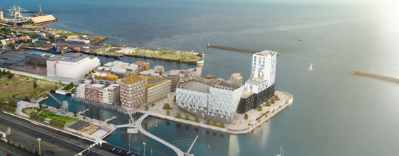 Illustration av första byggnadsetappen i Oceanhamnen. Bild av: Comotion 