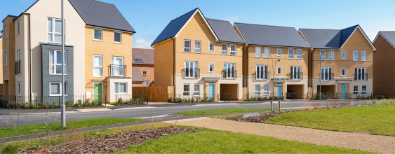 Image showcasing a modern housing estate in the United Kingdom. This includes a series of newly built terraced townhouses. A road runs in front of them and there is also a grassy area in the foreground with newly planted trees. 