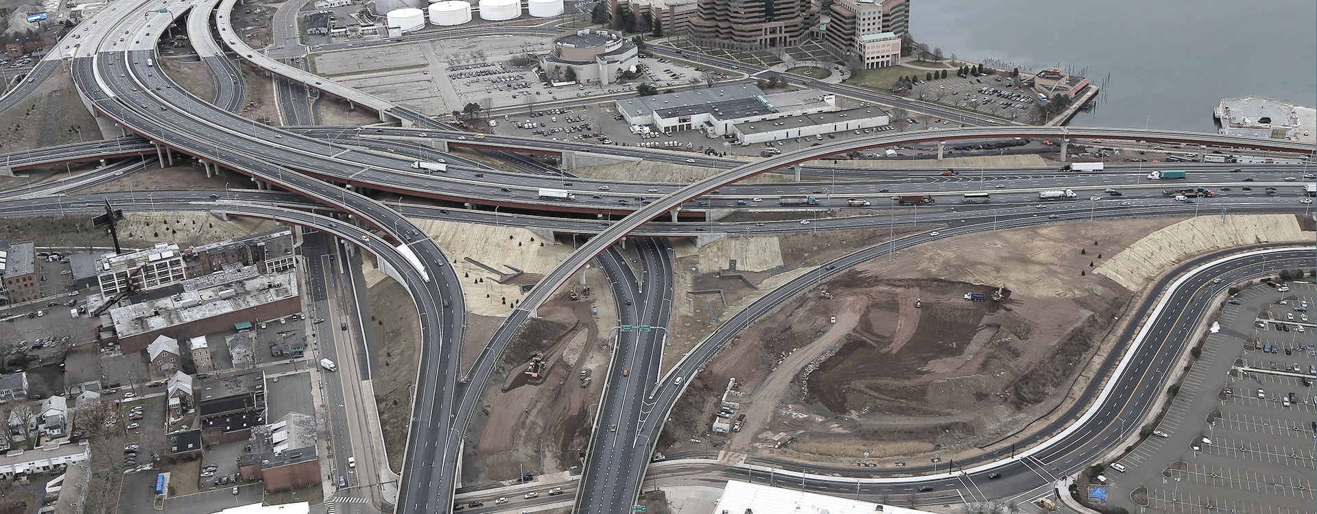 Aerial view of New Haven I95 Interchange project completed by WSP