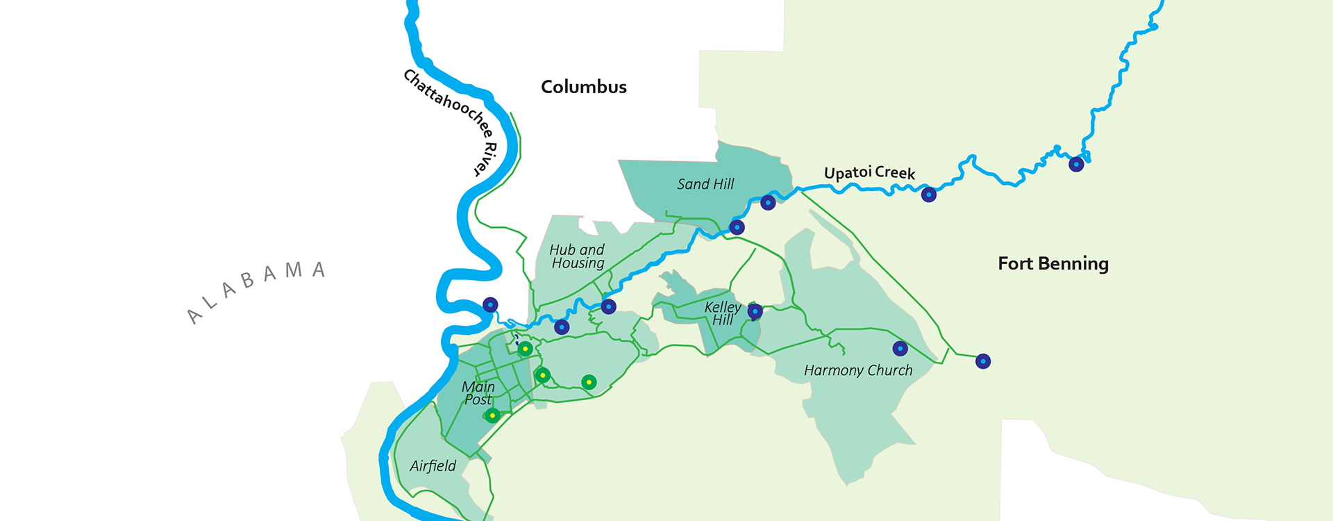 Color-coded recreation plan of Fort Benning, Georgia