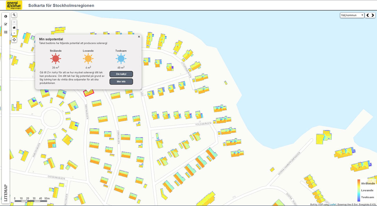 Webbapplikation som visar solenergipotential på tak i bostadsområde.