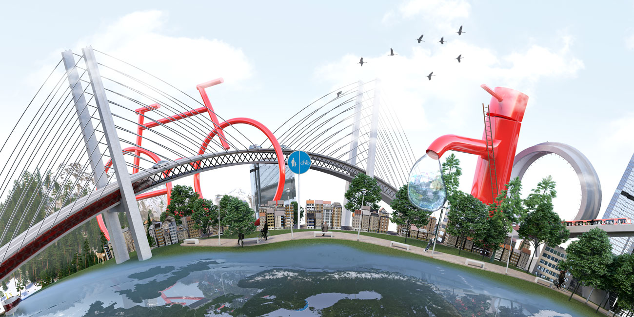 Visualisering av en bro, cykel och vattenkran i samma storlek.