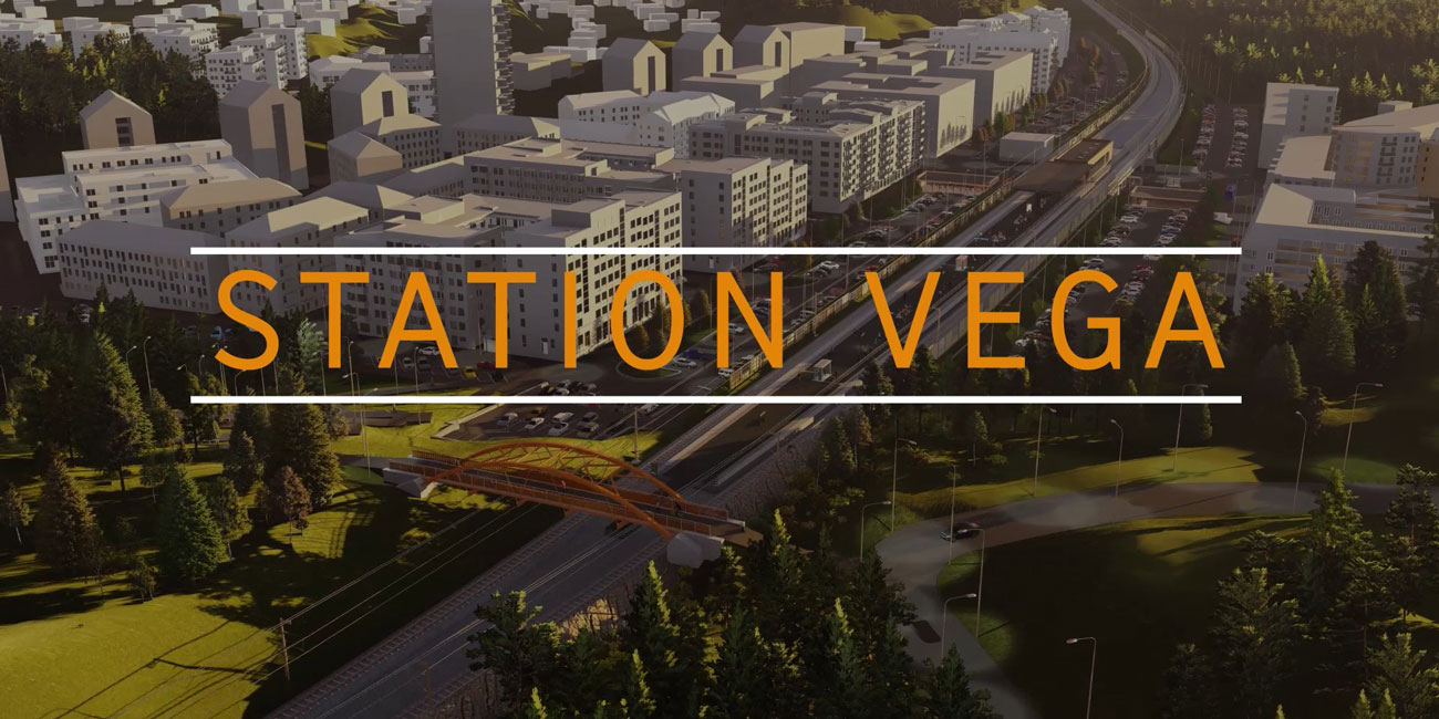 Visualisering av station Vega från ovan med texten "Station Vega" framför.